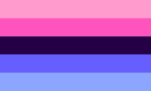A rectangular flag with five equal width horizontal stripes: pink, a darker pink, dark purple, bluish purple, light bluish purple